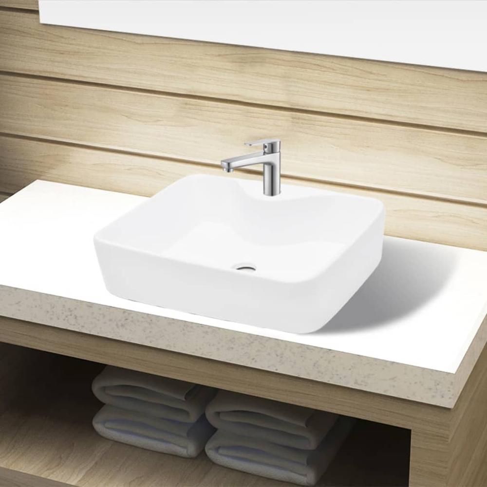 vidaXL Ceramic Bathroom Sink Basin with Faucet Hole White Square, 142642. Picture 1