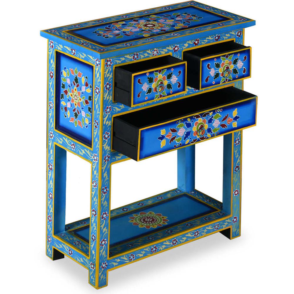 Sideboard with Drawers Solid Mango Wood Turquoise Hand Painted. Picture 4