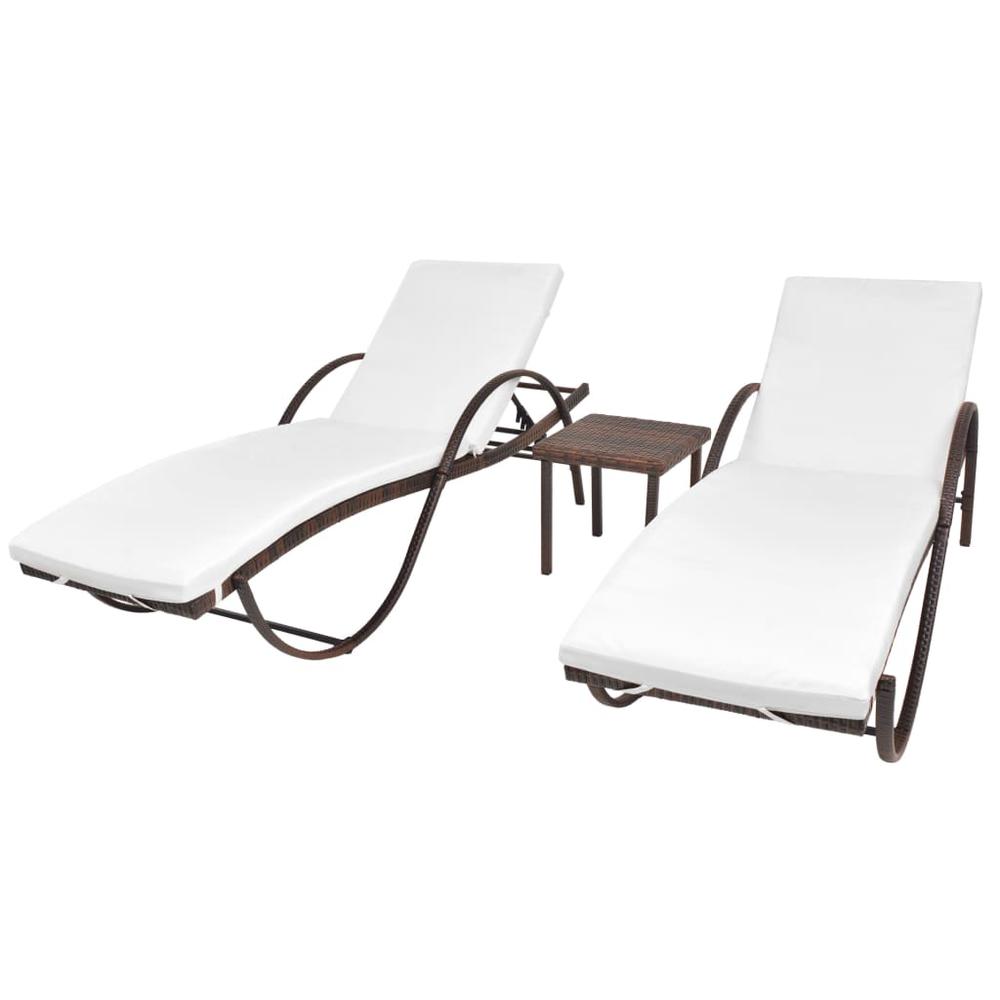 vidaXL Sun Loungers 2 pcs with Table Poly Rattan Brown, 274868. Picture 1