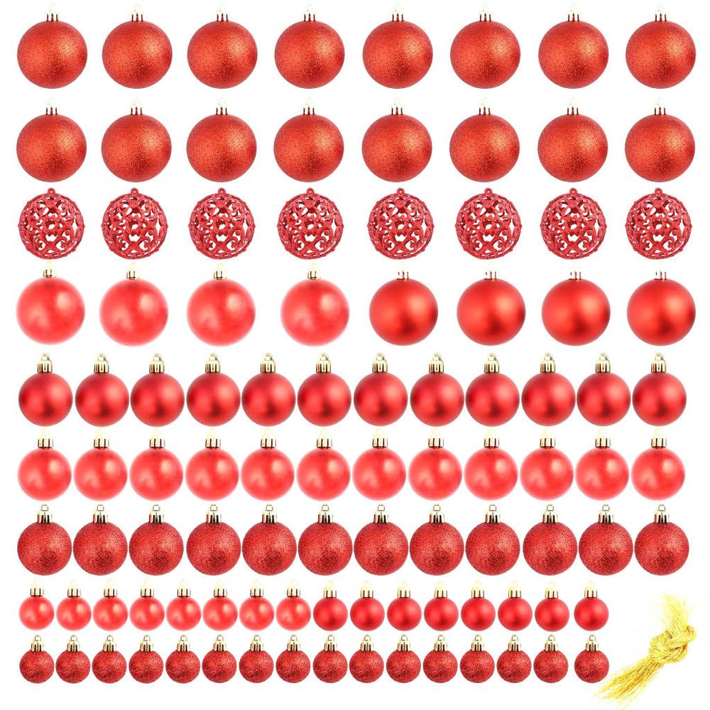 100 Piece Christmas Ball Set 1.2"/1.6"/2.4" Red. Picture 1