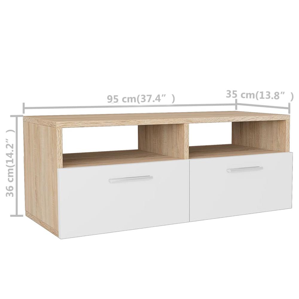 vidaXL TV Cabinets 2 pcs Engineered Wood 37.4"x13.8"x14.2" Oak and White. Picture 6