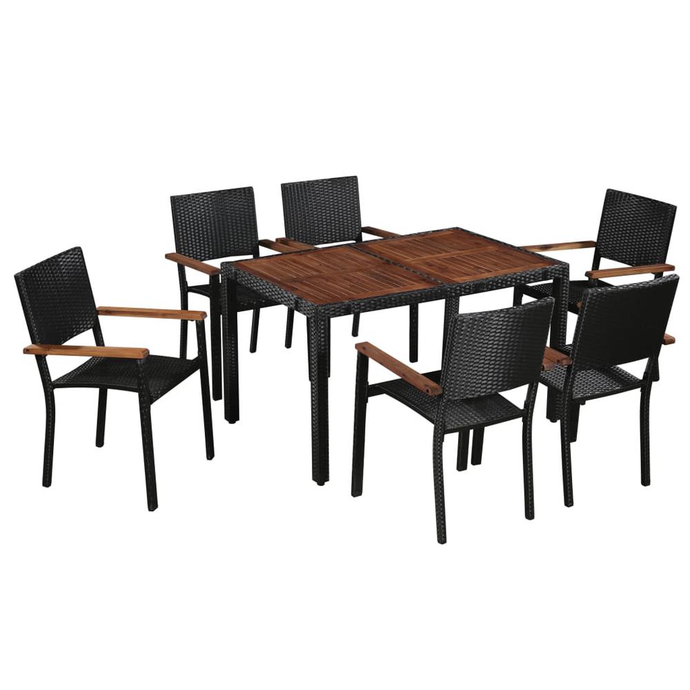 vidaXL 7 Piece Outdoor Dining Set Poly Rattan and Acacia Wood Black, 43935. Picture 1