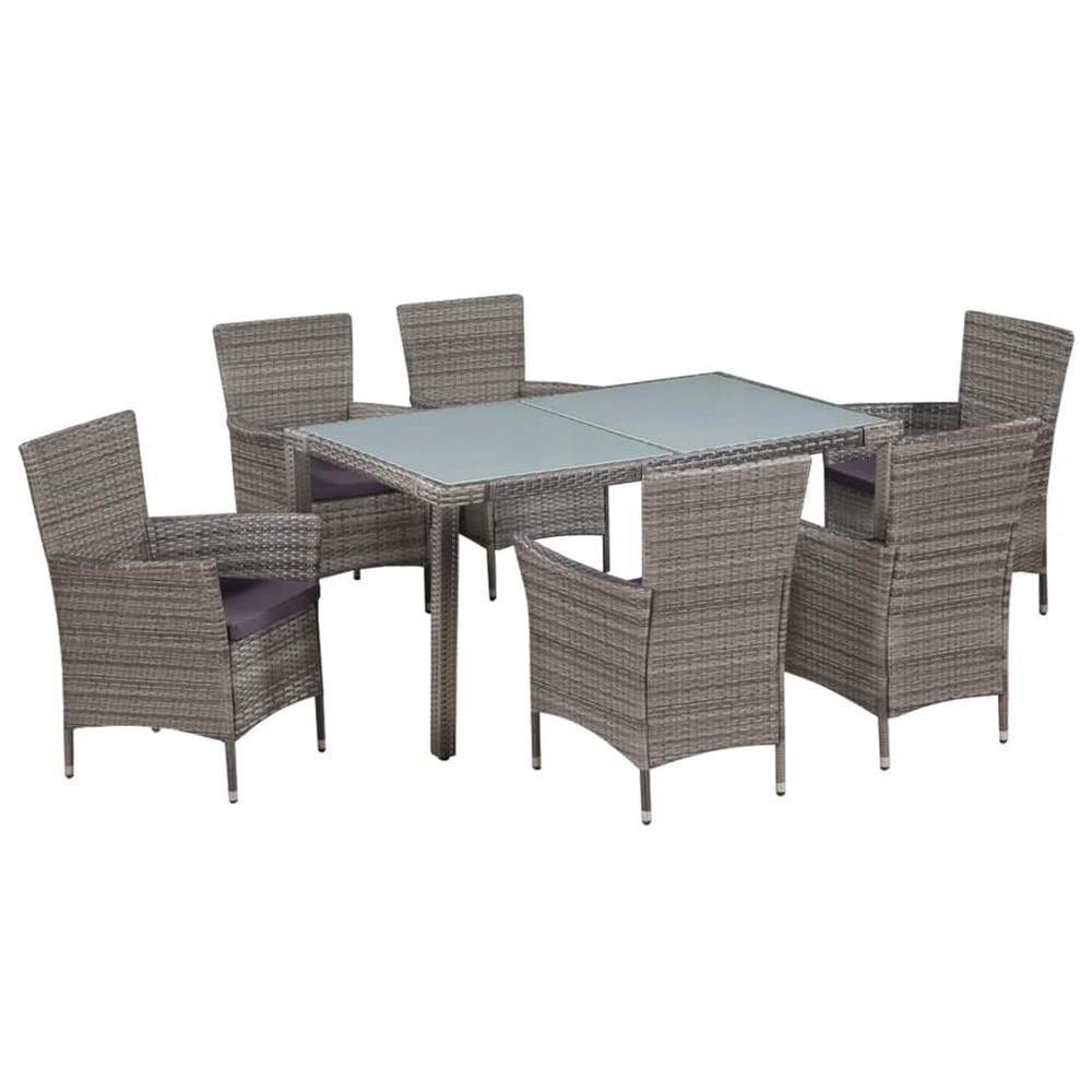 vidaXL 7 Piece Outdoor Dining Set with Cushions Poly Rattan Gray, 44071. Picture 1
