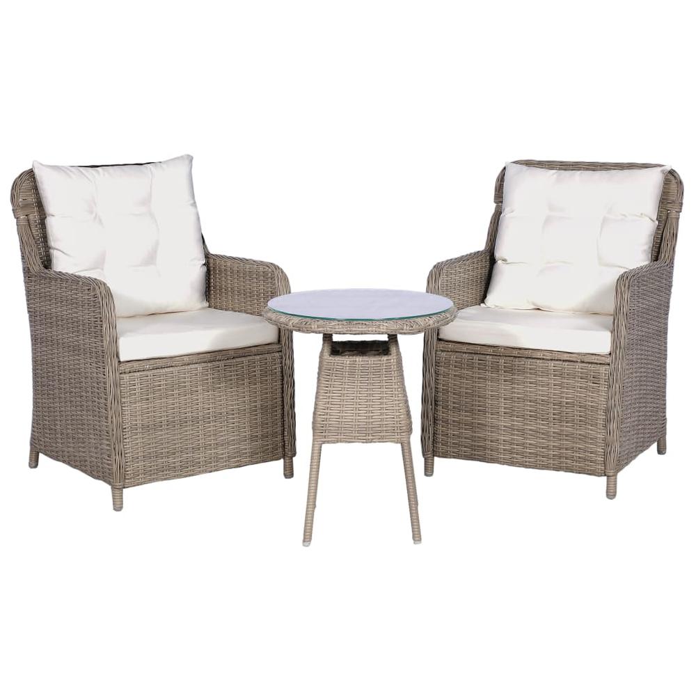 vidaXL 3 Piece Bistro Set with Cushions and Pillows Poly Rattan Brown, 44150. Picture 1