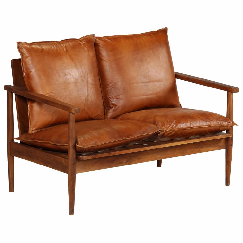 vidaXL 2-Seater Sofa Real Leather with Acacia Wood Brown, 246482. Picture 1