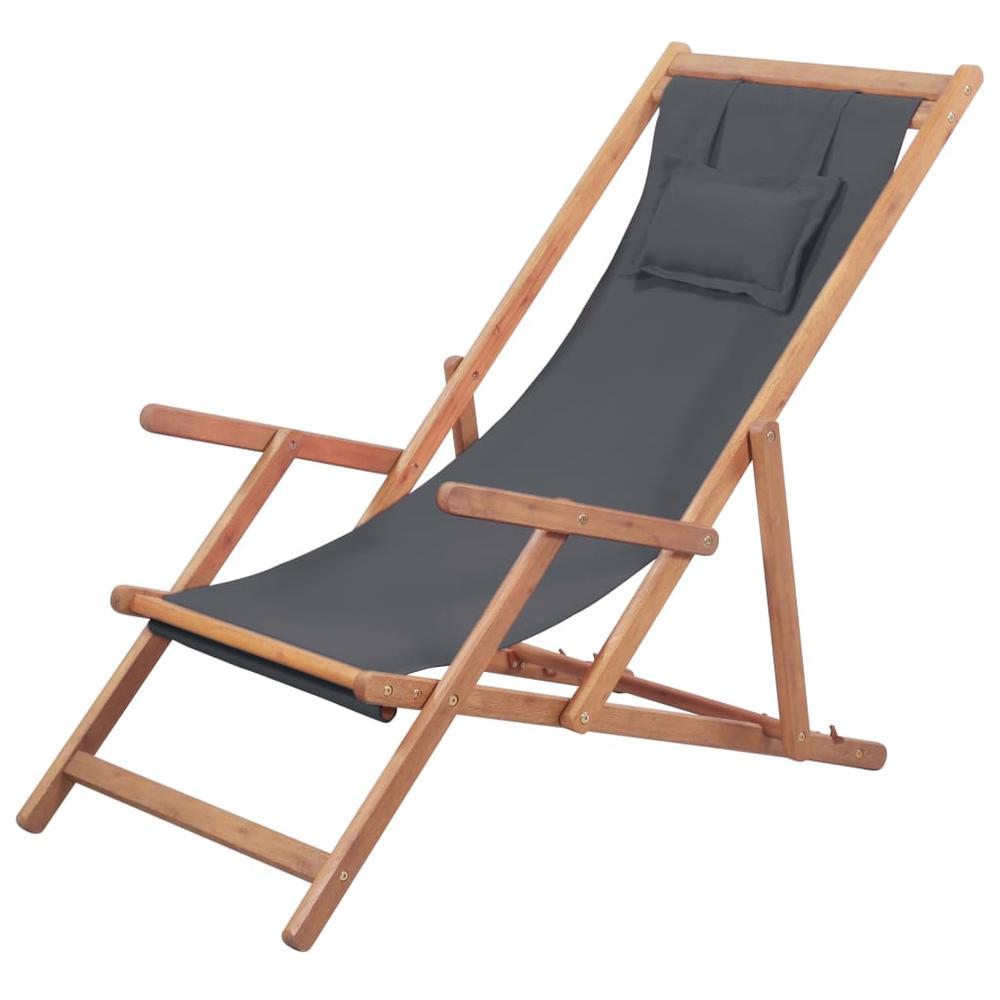 vidaXL Folding Beach Chair Fabric and Wooden Frame Gray, 43997. Picture 1