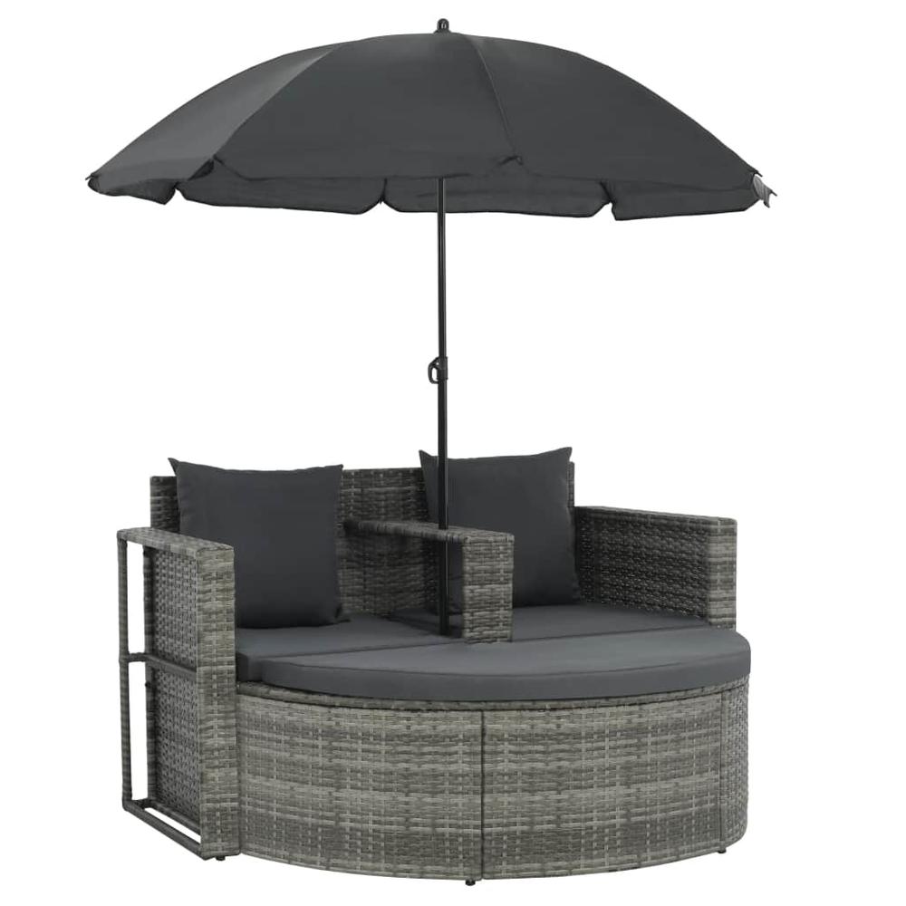 vidaXL 2 Seater Garden Sofa with Cushions and Parasol Gray Poly Rattan, 44478. Picture 2