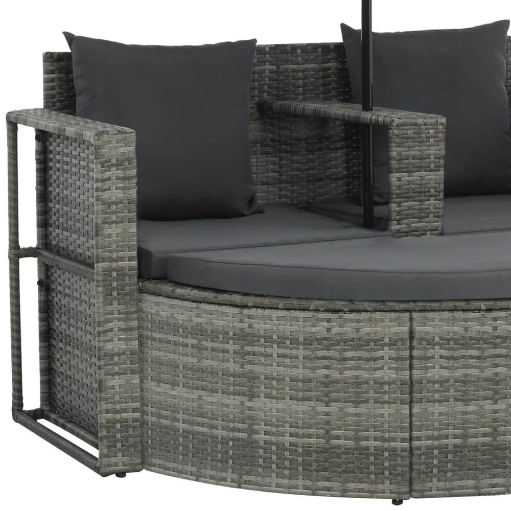 vidaXL 2 Seater Garden Sofa with Cushions and Parasol Gray Poly Rattan, 44478. Picture 7