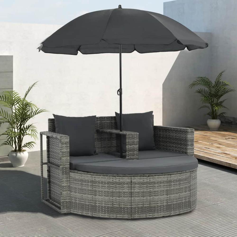 vidaXL 2 Seater Garden Sofa with Cushions and Parasol Gray Poly Rattan, 44478. Picture 1