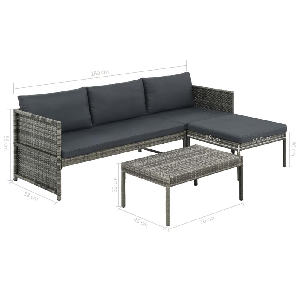 vidaXL 3 Piece Garden Lounge Set with Cushions Poly Rattan Gray, 44480. Picture 7