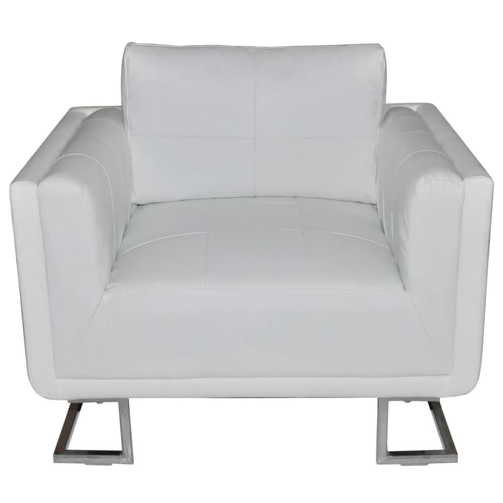 vidaXL Cube Armchair with Chrome Feet White Faux Leather, 241005. Picture 2