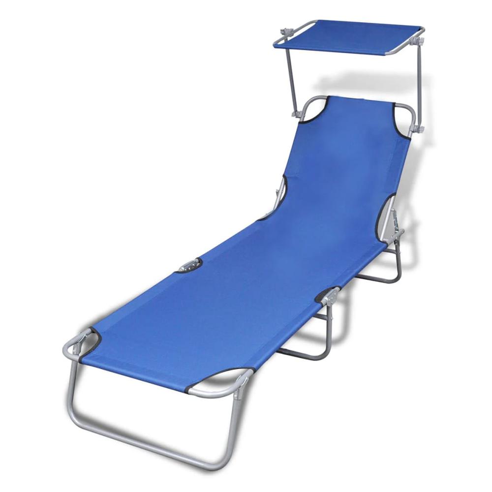 vidaXL Folding Sun Lounger with Canopy Steel and Fabric Blue, 41196. Picture 1