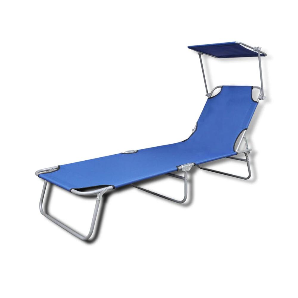 vidaXL Folding Sun Lounger with Canopy Steel and Fabric Blue, 41196. Picture 2