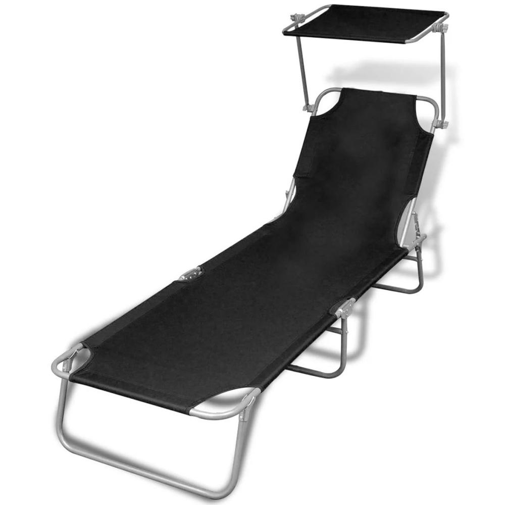vidaXL Folding Sun Lounger with Canopy Steel and Fabric Black, 41197. Picture 1