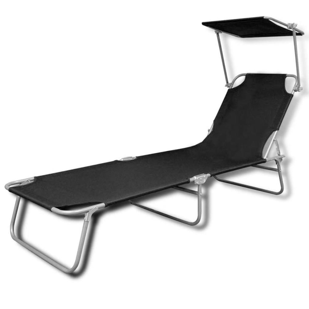 vidaXL Folding Sun Lounger with Canopy Steel and Fabric Black, 41197. Picture 2