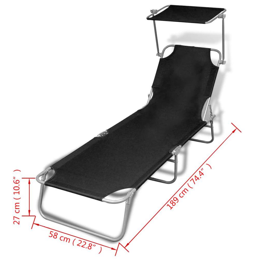 vidaXL Folding Sun Lounger with Canopy Steel and Fabric Black, 41197. Picture 7