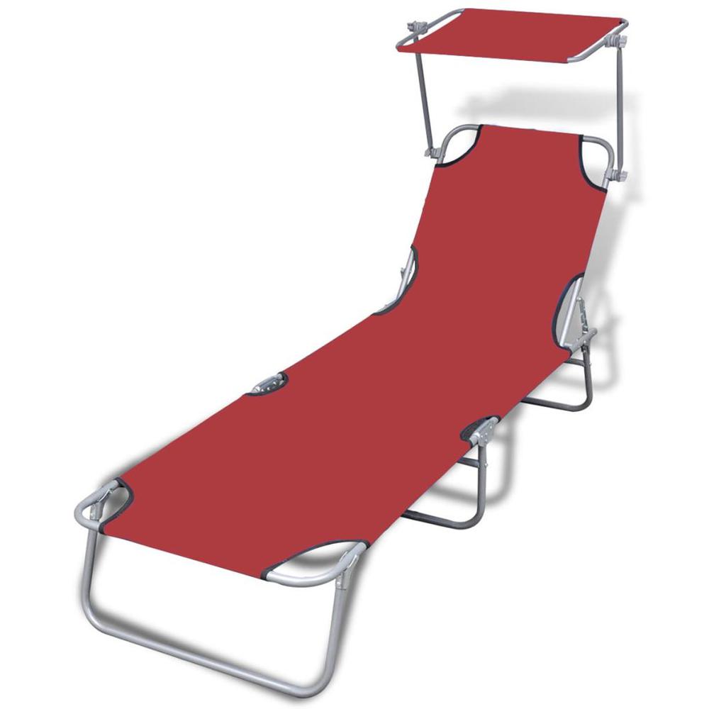 vidaXL Folding Sun Lounger with Canopy Steel and Fabric Red, 41198. Picture 1