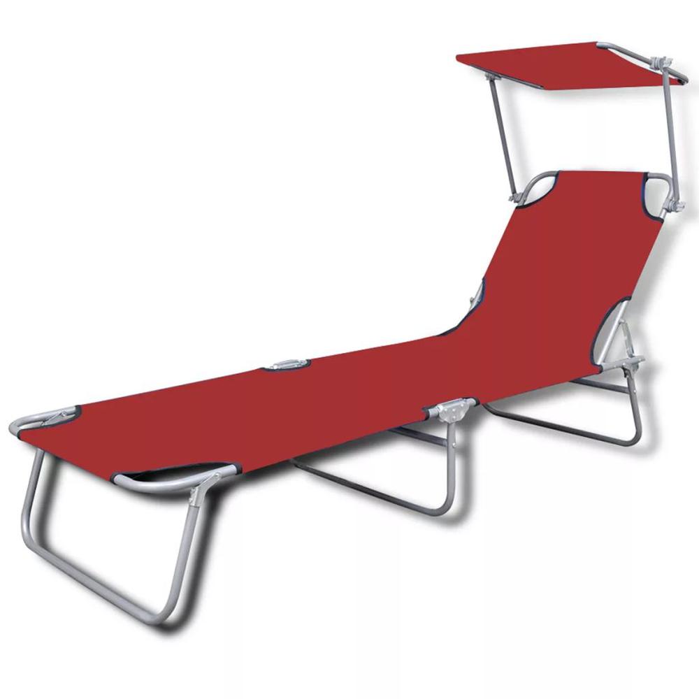 vidaXL Folding Sun Lounger with Canopy Steel and Fabric Red, 41198. Picture 2