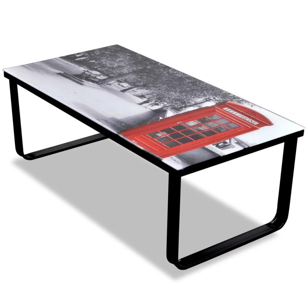 vidaXL Coffee Table with Telephone Booth Printing Glass Top, 241176. Picture 1