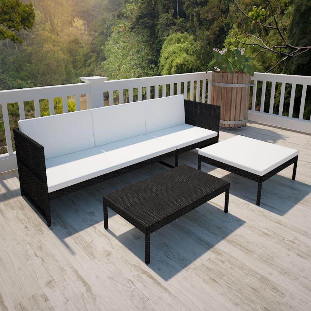 vidaXL 3 Piece Garden Lounge Set with Cushions Poly Rattan Black. Picture 5