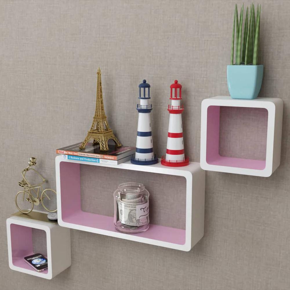 3 White-Pink MDF Floating Wall Display Shelf Cubes Book/DVD Storage, 242168. The main picture.