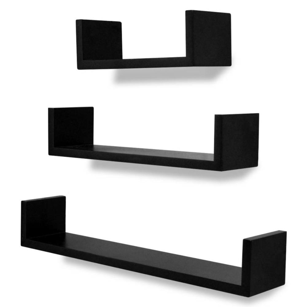 3 Black MDF U-Shaped Floating Wall Display Shelves Book/DVD Storage, 242175. Picture 2