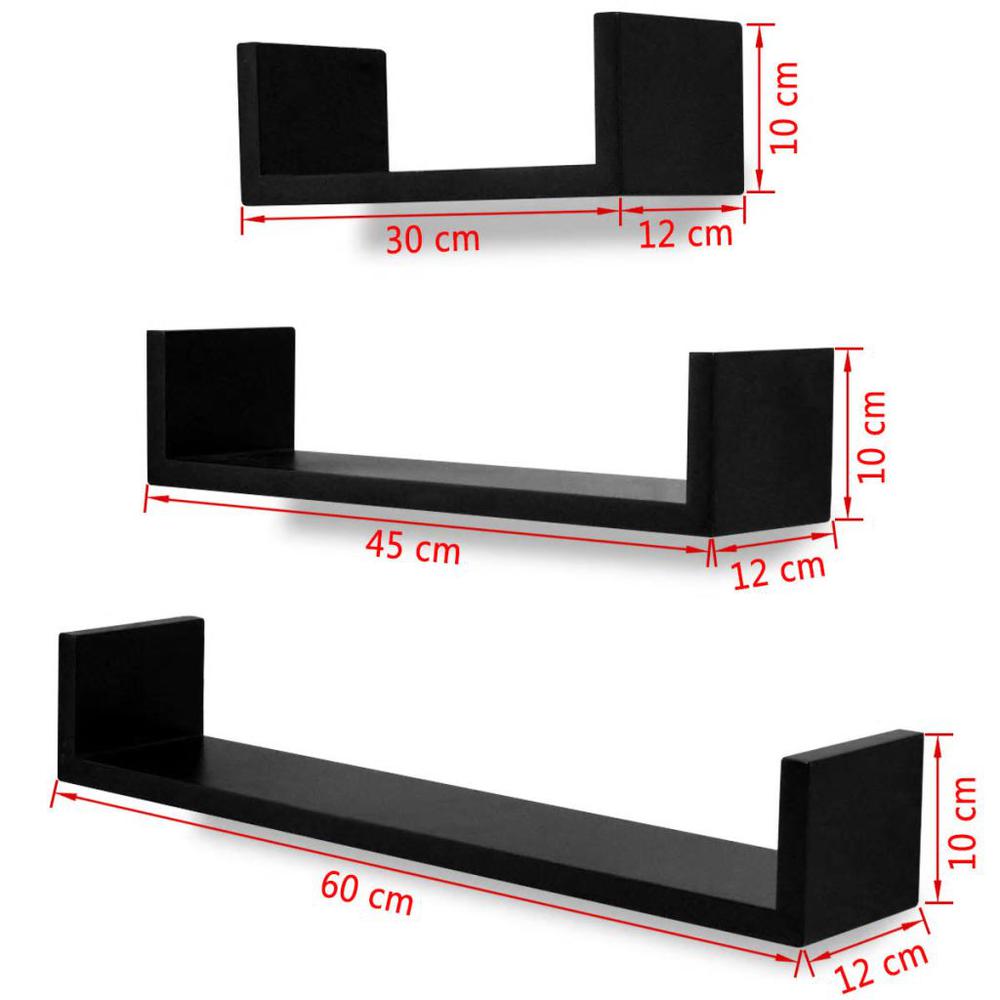 3 Black MDF U-Shaped Floating Wall Display Shelves Book/DVD Storage, 242175. Picture 5