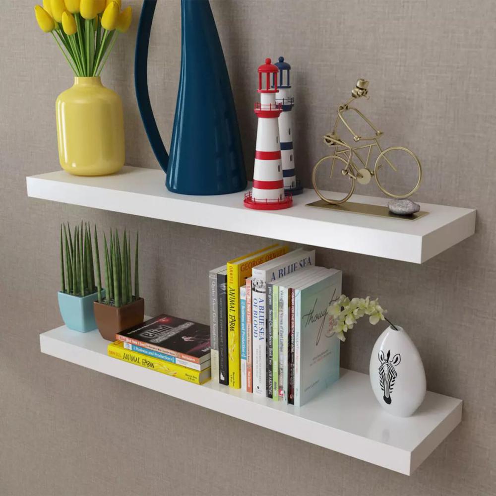 2 White MDF Floating Wall Display Shelves Book/DVD Storage, 242184. Picture 1