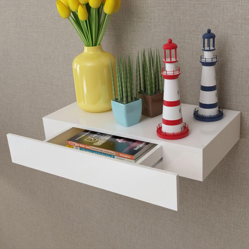 White MDF Floating Wall Display Shelf 1 Drawer Book/DVD Storage, 242187. Picture 1