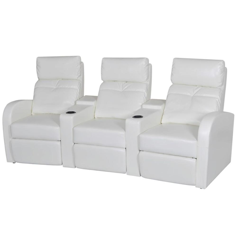vidaXL 3-Seater Home Theater Recliner Sofa White Faux Leather, 242540. Picture 1