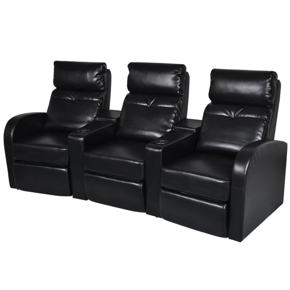 vidaXL 3-Seater Home Theater Recliner Sofa Black Faux Leather, 242543. Picture 1