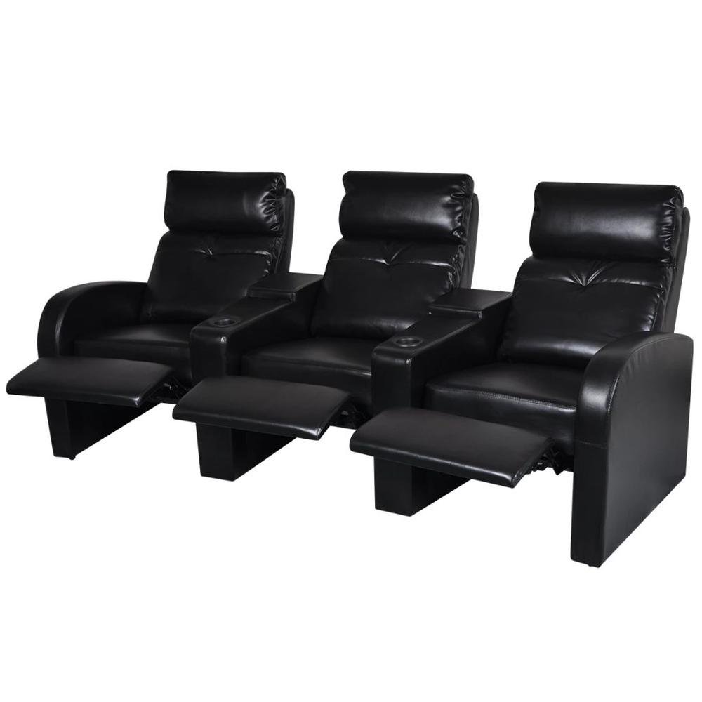 vidaXL 3-Seater Home Theater Recliner Sofa Black Faux Leather, 242543. Picture 3