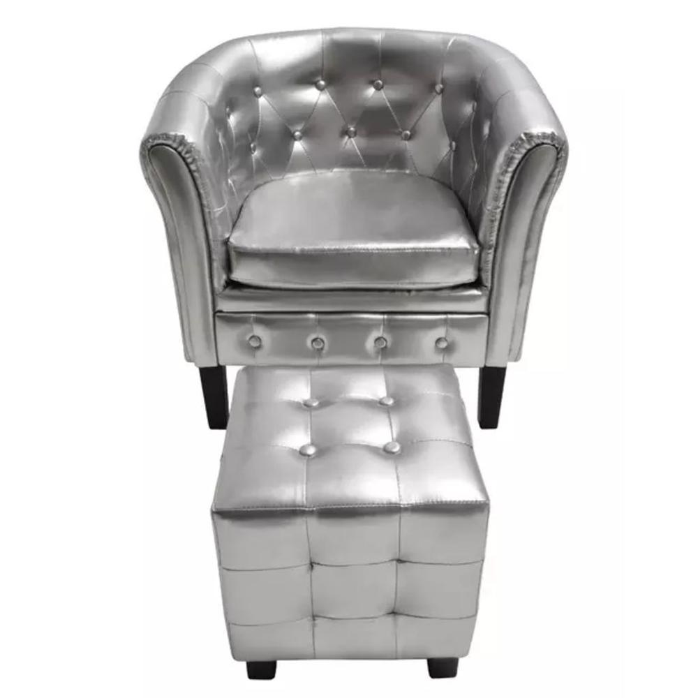 vidaXL Tub Chair with Footrest Silver Faux Leather, 242579. Picture 2