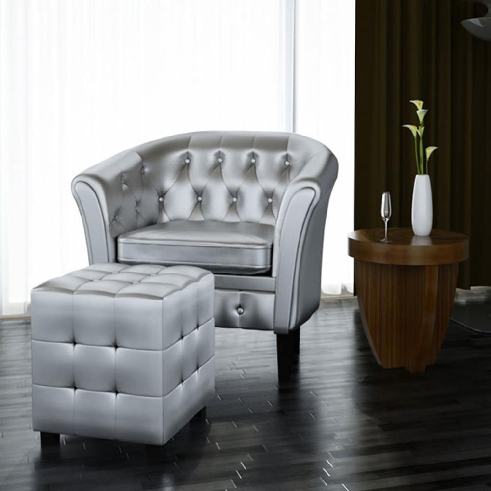 vidaXL Tub Chair with Footrest Silver Faux Leather, 242579. Picture 1