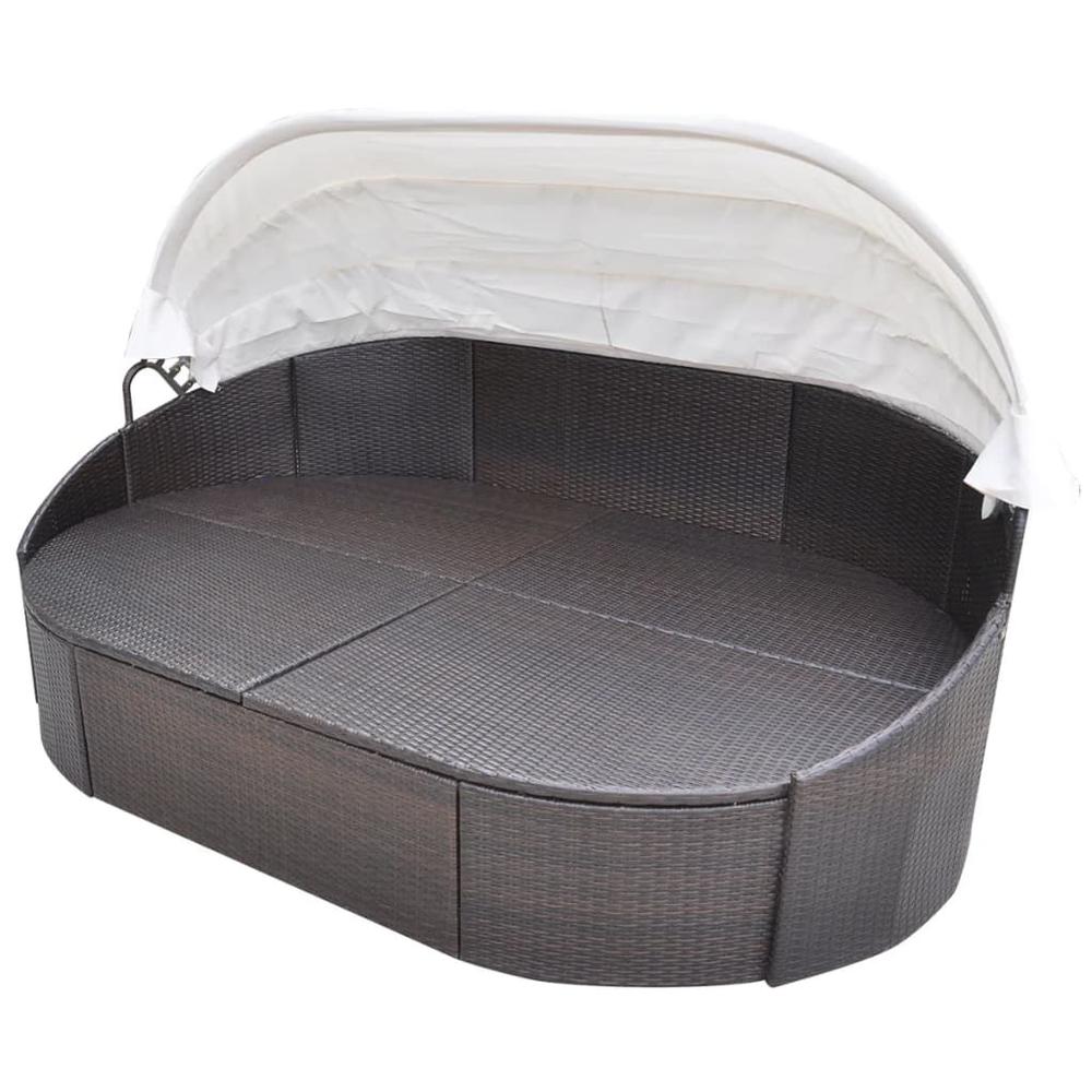 Patio Lounge Bed with Canopy Poly Rattan Brown. Picture 2