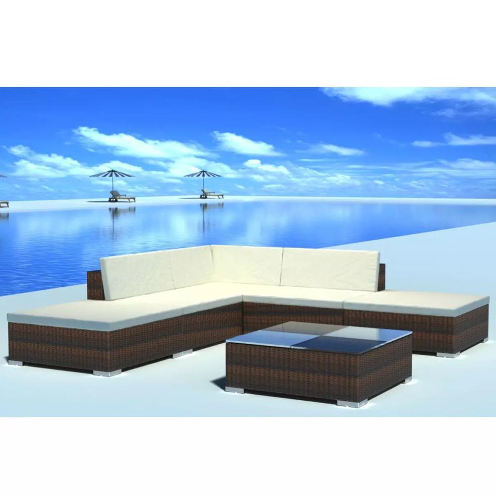 vidaXL 6 Piece Garden Lounge Set with Cushions Poly Rattan Brown. Picture 7