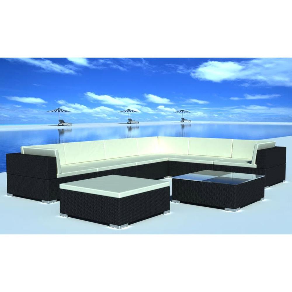 vidaXL 8 Piece Garden Lounge Set with Cushions Poly Rattan Black, 42090. Picture 1