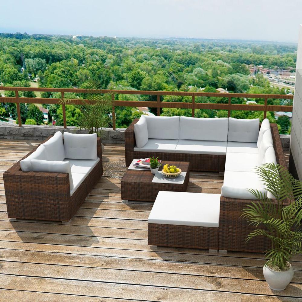 vidaXL 10 Piece Garden Lounge Set with Cushions Poly Rattan Brown, 42103. Picture 1