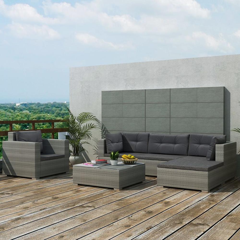 vidaXL 6 Piece Garden Lounge Set with Cushions Poly Rattan Gray, 42105. Picture 1