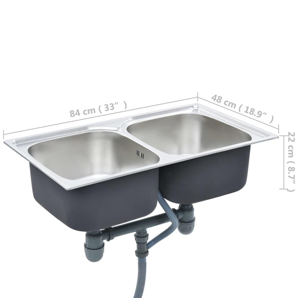 vidaXL Kitchen Sink Double Basin with Strainer & Trap Stainless Steel. Picture 9