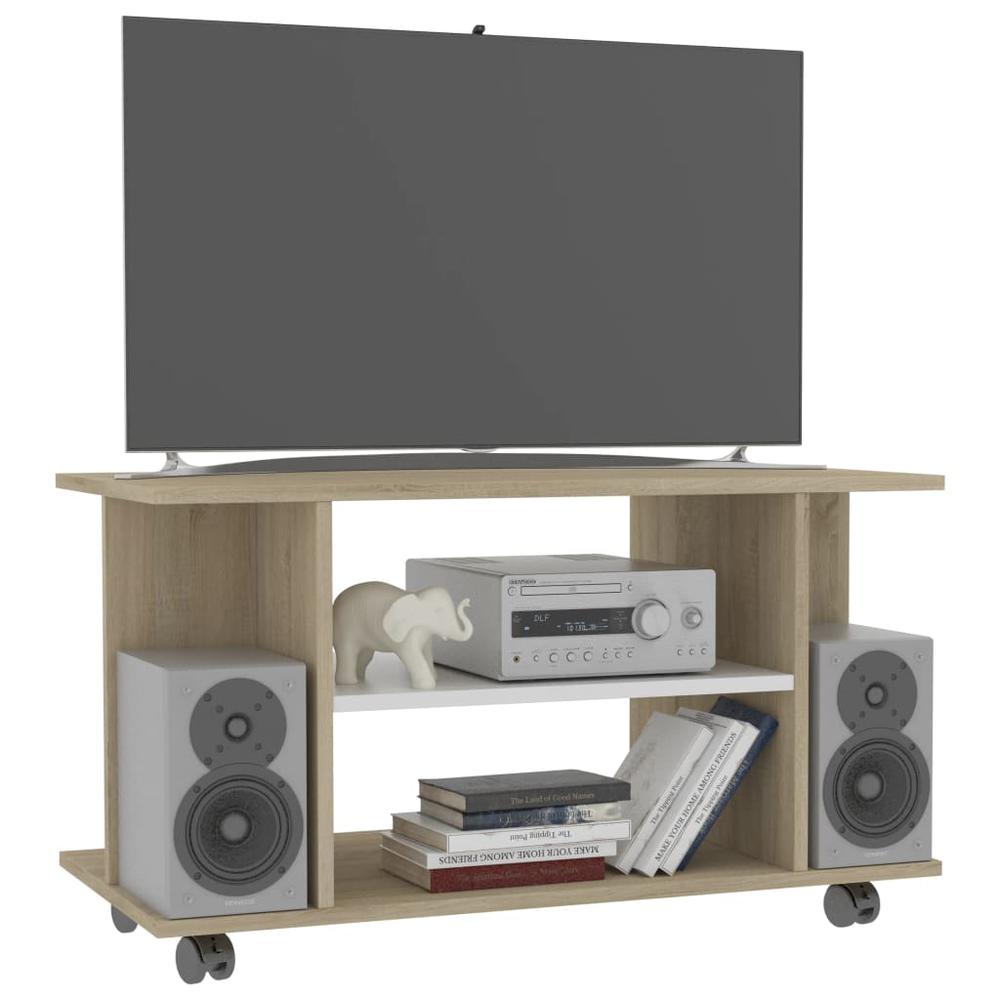 vidaXL TV Cabinet with Castors White and Sonoma Oak 31.5"x15.7"x15.7" Chipboard, 800194. Picture 3