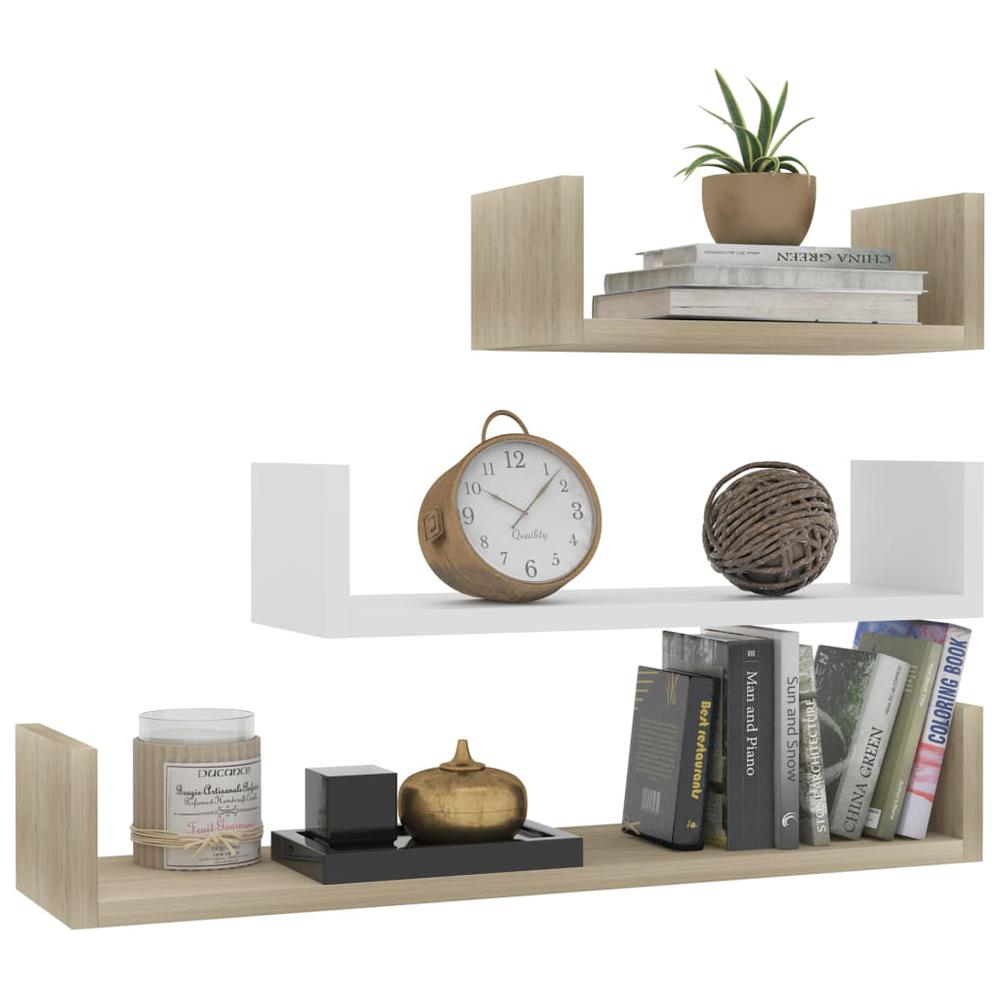 vidaXL Wall Display Shelf 3 pcs White and Sonoma Oak Chipboard, 800203. Picture 3