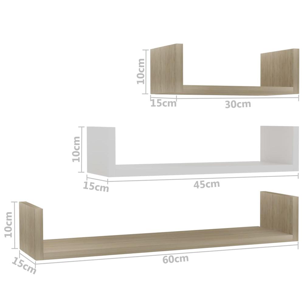 vidaXL Wall Display Shelf 3 pcs White and Sonoma Oak Chipboard, 800203. Picture 6