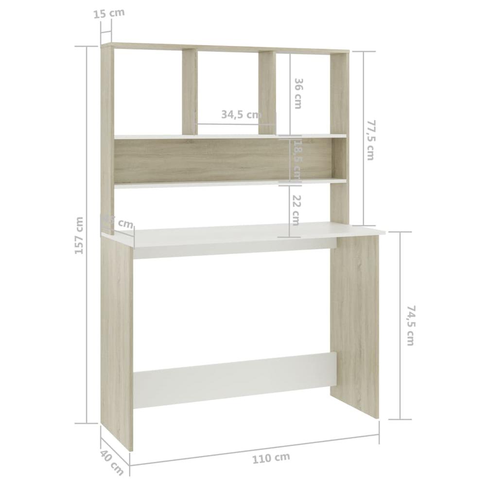 vidaXL Desk with Shelves White and Sonoma Oak 43.3"x17.7"x61.8" Chipboard, 800392. Picture 6