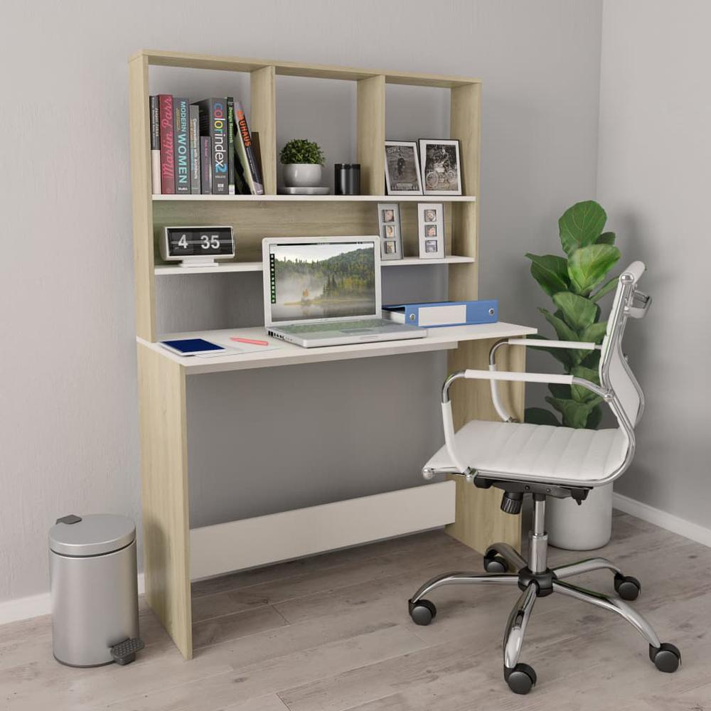 vidaXL Desk with Shelves White and Sonoma Oak 43.3"x17.7"x61.8" Chipboard, 800392. Picture 1