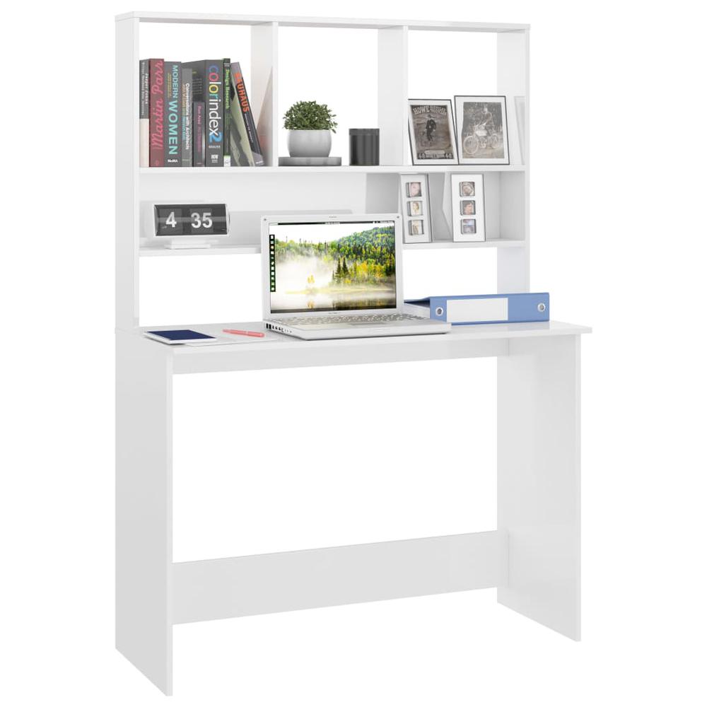 Desk with Shelves High Gloss White 43.3" x 17.7" x 61.8" Engineered Wood. Picture 2