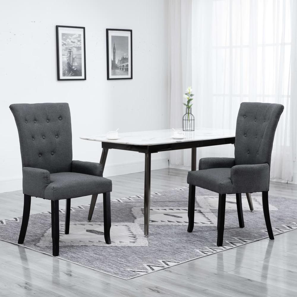 Dining Chairs with Armrests 2 pcs Dark Gray Fabric. Picture 8