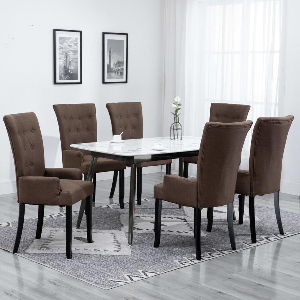 Dining Chairs with Armrests 6 pcs Brown Fabric. Picture 8