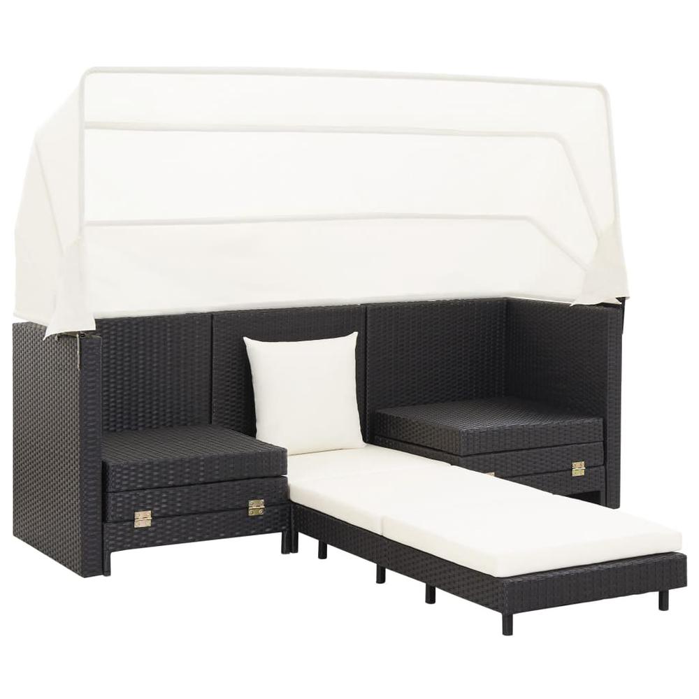 vidaXL Extendable 3-Seater Sofa Bed with Roof Poly Rattan Black, 46075. Picture 3