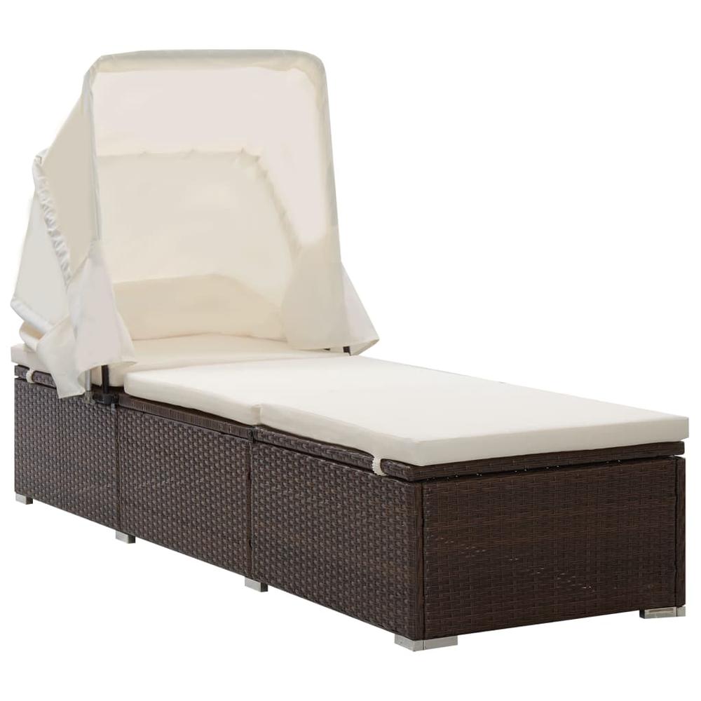 vidaXL Sun Lounger with Canopy and Cushion Poly Rattan Brown, 46247. Picture 1
